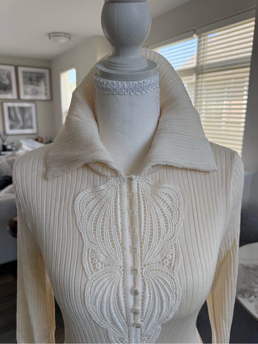Cream Ribbed Knit Collared Sweater with Lace Placket